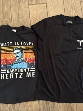 2 Tesla Black Short Sleeve Crew Tees with White Tesla Logo and Nikola Tesla